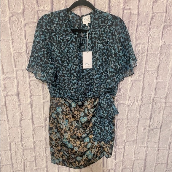 NEW Misa Talia Dress Ruched Butterfly Sleeves
NWT Teal Gold Metallic Black Large - Picture 5 of 8